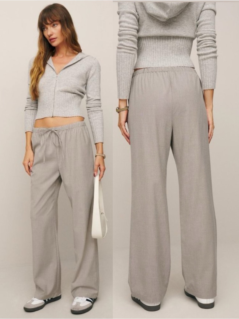 Reformation Olina Pants Natural Wide Leg Drawstring Trousers Size M Wool Blend